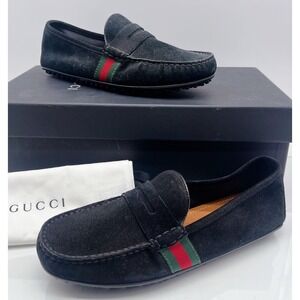 Gucci Web Accent Penny Slip On Loafers Driver Shoe Black Suede Wms UK 6 US 9